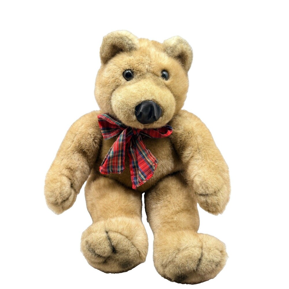 Vtg Mary Meyer Brown Teddy Bear Plush 17” Stuffed Animal Plaid Bow Made in Korea